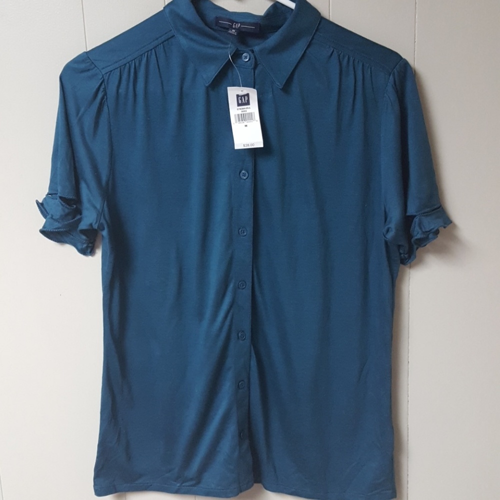 scalloped sleeve teal blouse